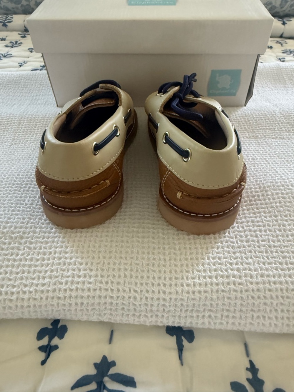 Elephantito Brown and Cream Boys Moccasin Boat Shoes with Navy Laces - Picture 4 of 5